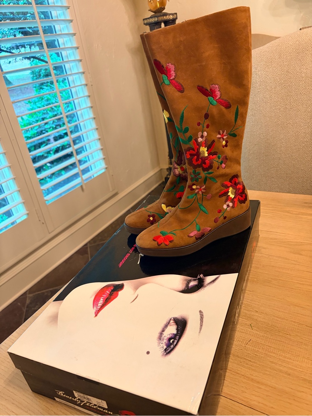 Beverly Feldman Tan Suede Over-the-Knee Boots with Colorful Floral Embroidery
